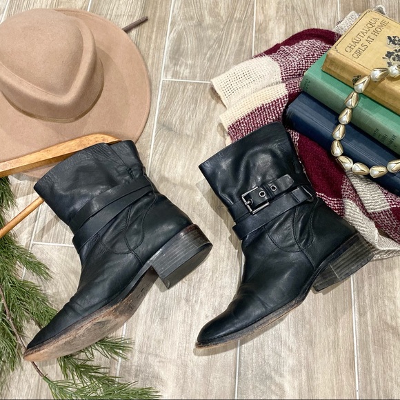 Coach Shoes - Coach jesika black leather slouchy buckle moto boots